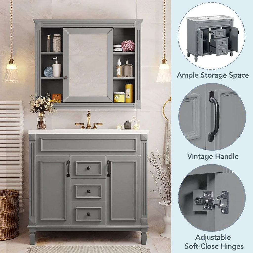 Meuble-lavabo moderne de 36 po avec vasque et armoire à miroir, 2 portes et 2 tiroirs