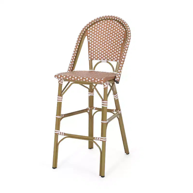 sumyeg Lot de 2 tabourets de bar de bistrot français d'extérieur 29,5, rotin PE en osier avec cadre en aluminium, finition aspect bambou, rouge rouille et blanc