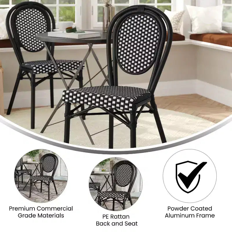 Chaise empilable de bistrot Thonet commerciale intérieure/extérieure Flash Furniture Lourdes, rotin synthétique et cadre en aluminium