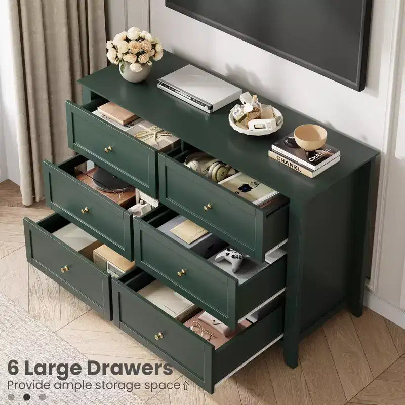 Commode à 6 tiroirs pour chambre à coucher, grande commode avec tiroirs profonds et poignées en métal, commodes modernes en bois pour entrée, couloir