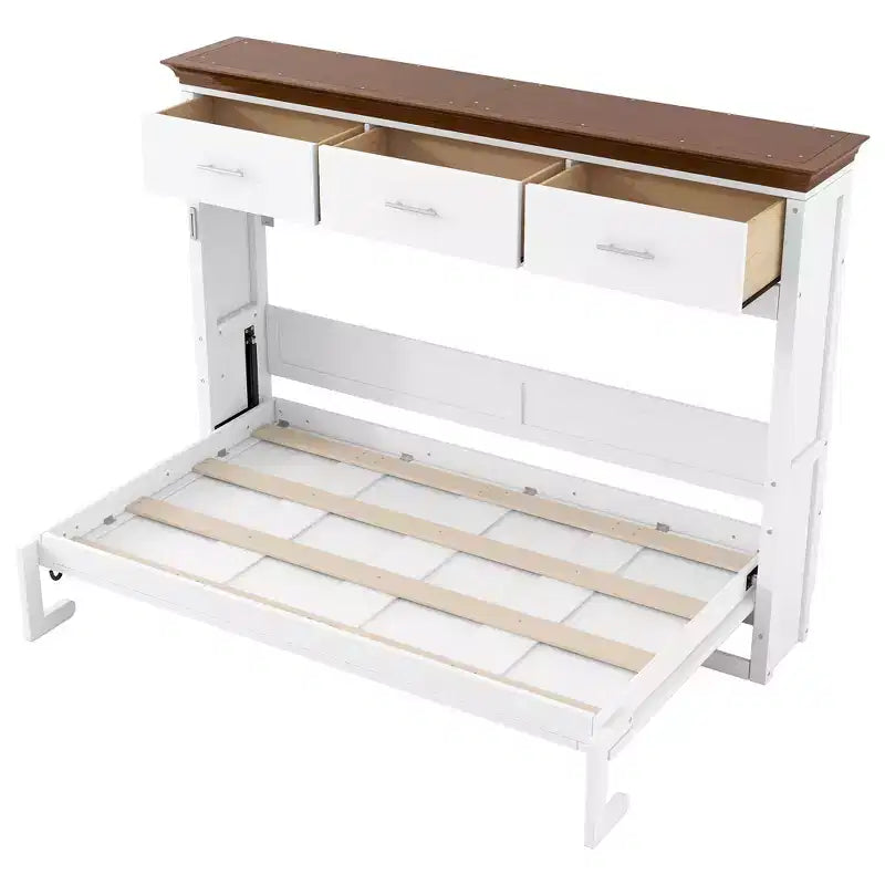 Lit escamotable double avec 3 tiroirs, armoire murale pliable, blanc