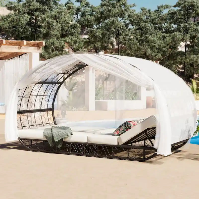 Oaks Aura Outdoor, bain de soleil avec coussin, rideau et coussin coloré, fauteuils lounge en résine tressée, transats réglables pour le jardin