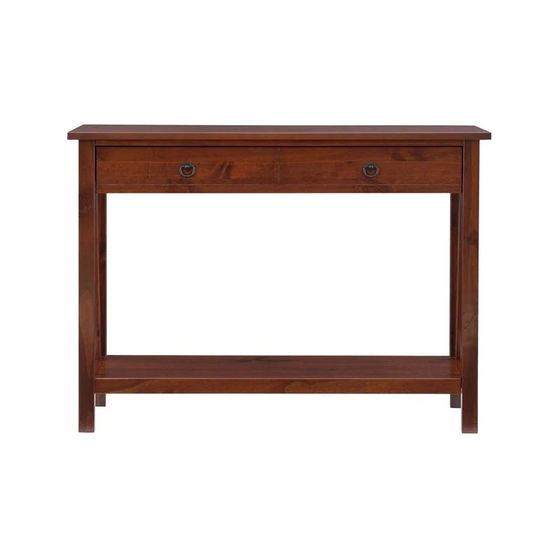 Console en bois marron tabac antique avec tiroir et étagère ouverte