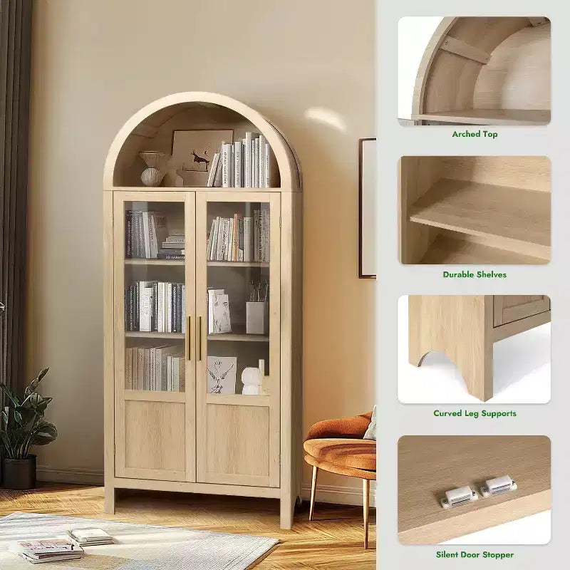 Meuble de rangement haut cintré de 71 po avec 2 portes en acrylique et étagères pour salon