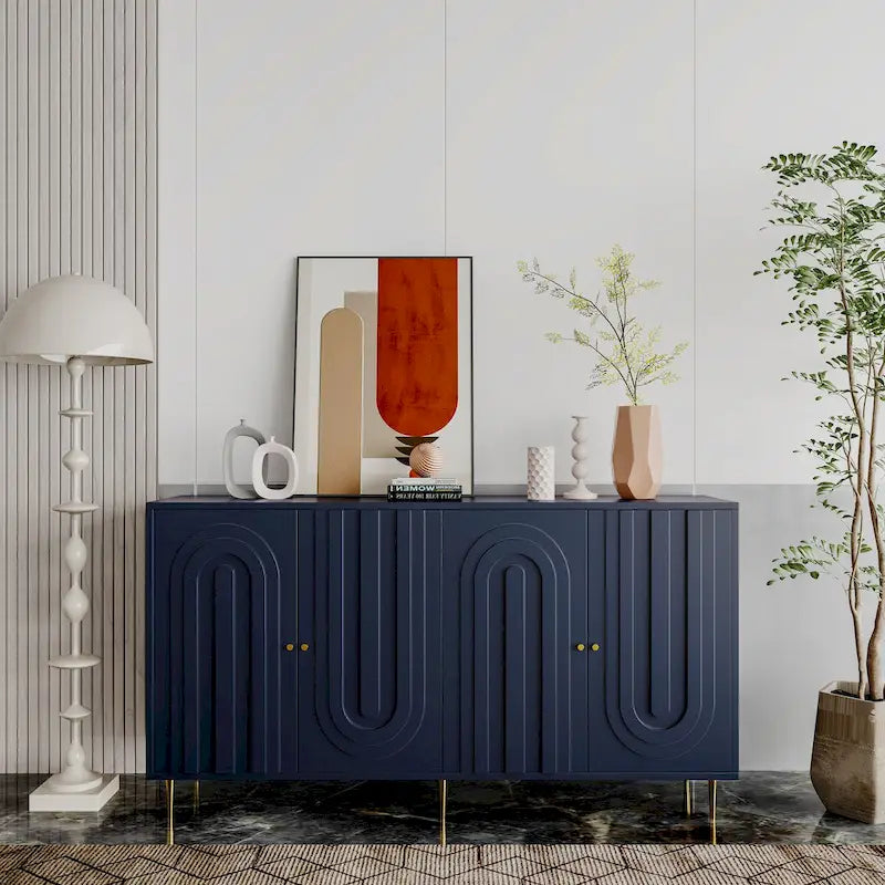 Buffet bahut moderne en bois laqué bleu/gris de 152 cm avec 4 portes, meuble de rangement d'appoint
