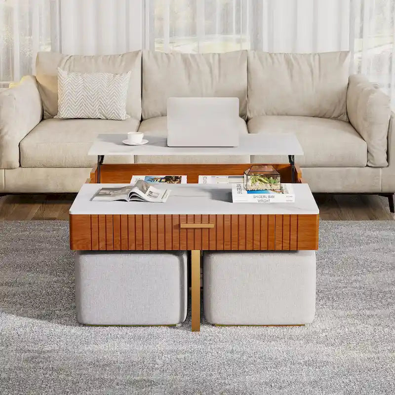 Table basse relevable avec rangement dissimulé et 4 poufs