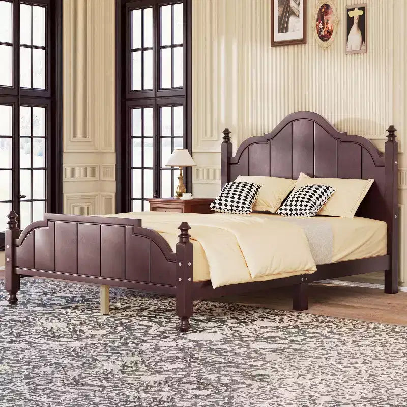 Cadre de lit plateforme Queen vintage - Pin massif, tête de lit en MDF, pas besoin de sommier