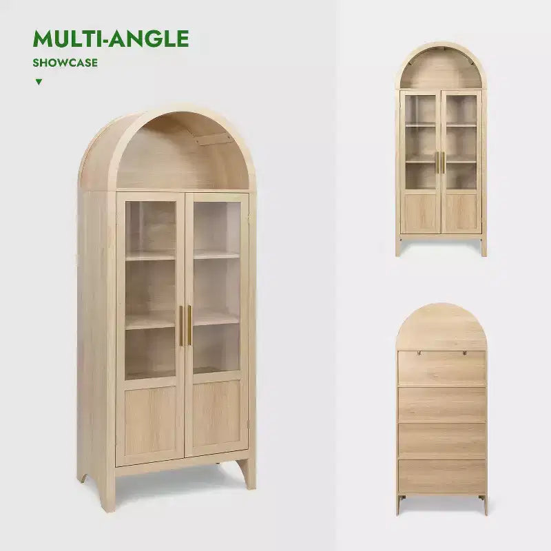 Meuble de rangement haut cintré de 71 po avec 2 portes en acrylique et étagères pour salon