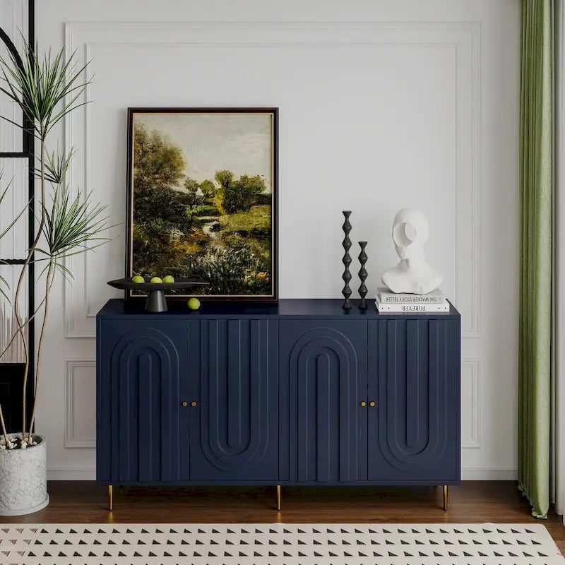 Buffet bahut moderne en bois laqué bleu/gris de 152 cm avec 4 portes, meuble de rangement d'appoint