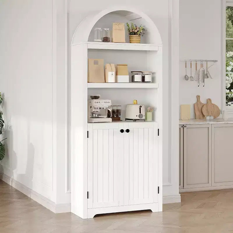 Armoire arquée haute de 183 cm, bibliothèque arquée à 5 niveaux avec doubles portes et étagère réglable, bibliothèque en bois avec rangement pour bureau à domicile