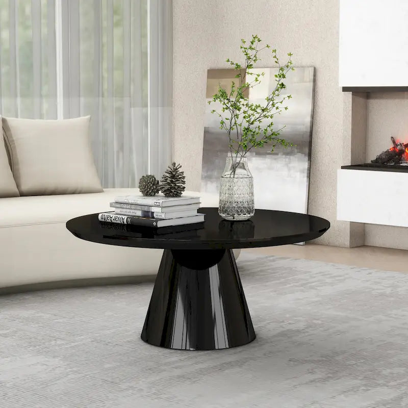 Table basse conique moderne pour salon, finition haute brillance, diamètre de 35,4 po, noire ou blanche