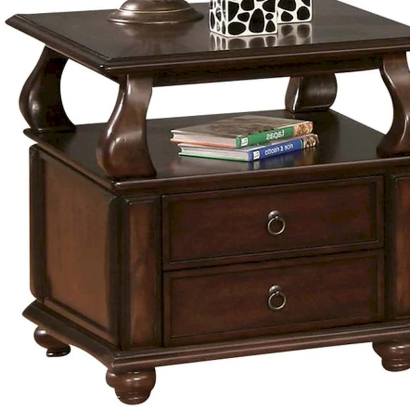 Table d'appoint carrée HomeRoots 26 en bois massif marron avec deux tiroirs et étagère - 26 X 26 X 28
