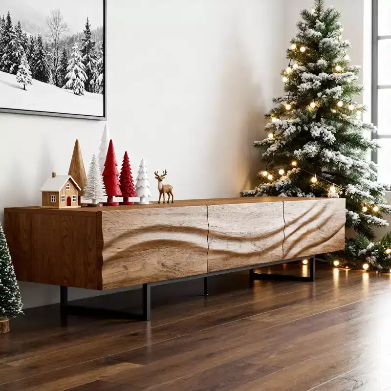 Meuble TV moderne de 82,83 pouces avec tiroirs en bois massif et aérations, console multimédia pour salon