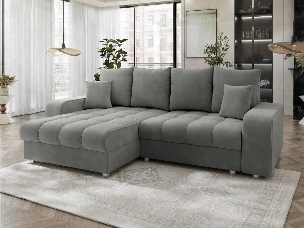 Canapé d'angle Doucezen 102 Gris, fonction couchage, coffre de rangement, 250x166x94cm