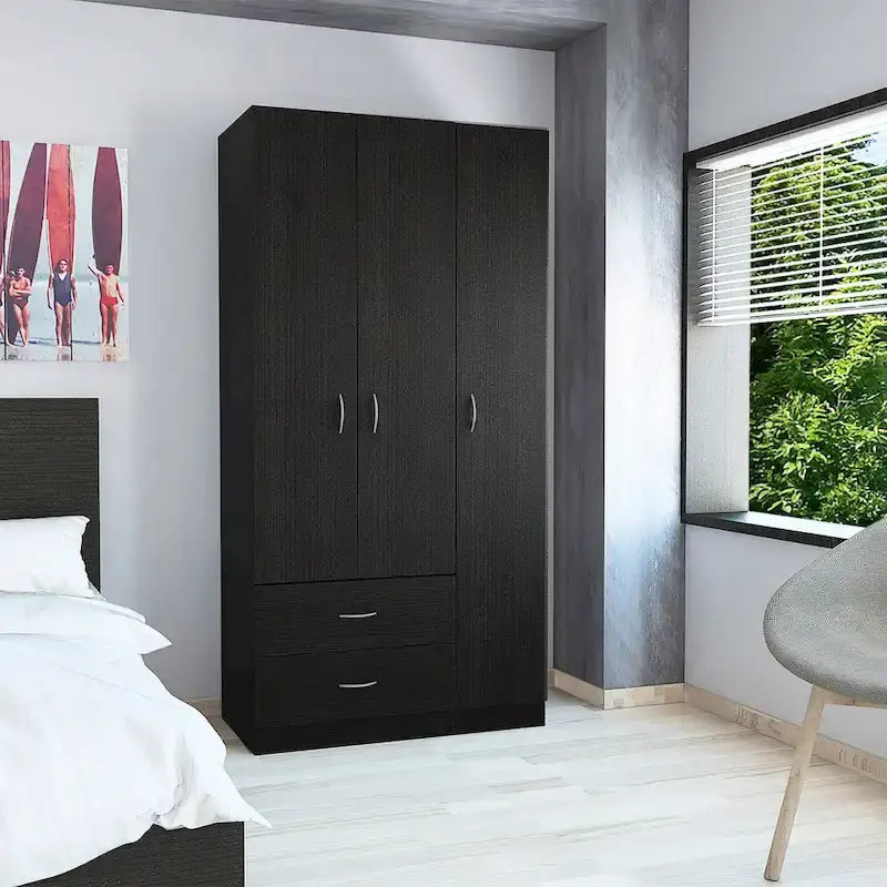 Armoire 3 portes FM Furniture Eureka avec 2 tiroirs, étagères intérieures et tringle