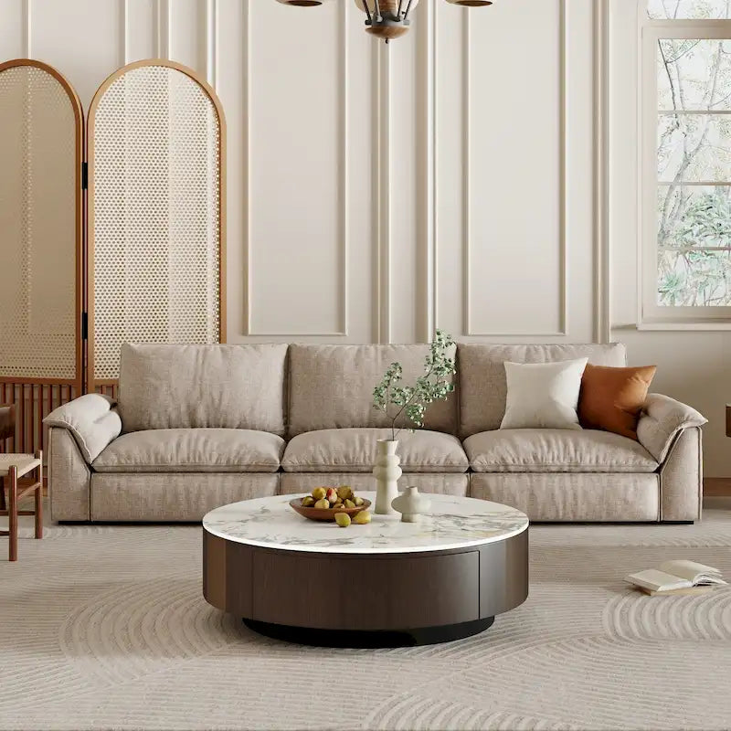 Table basse ronde moderne de 35 en faux marbre, plateau en pierre frittée blanche brillante, table de style milieu du siècle avec tiroir en bois massif