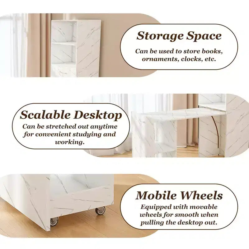 TUYOHW Bureau extensible, bureau pliable pour la maison et le bureau avec étagères de rangement et roulettes, poste de travail mobile pour petits appartements, bureaux