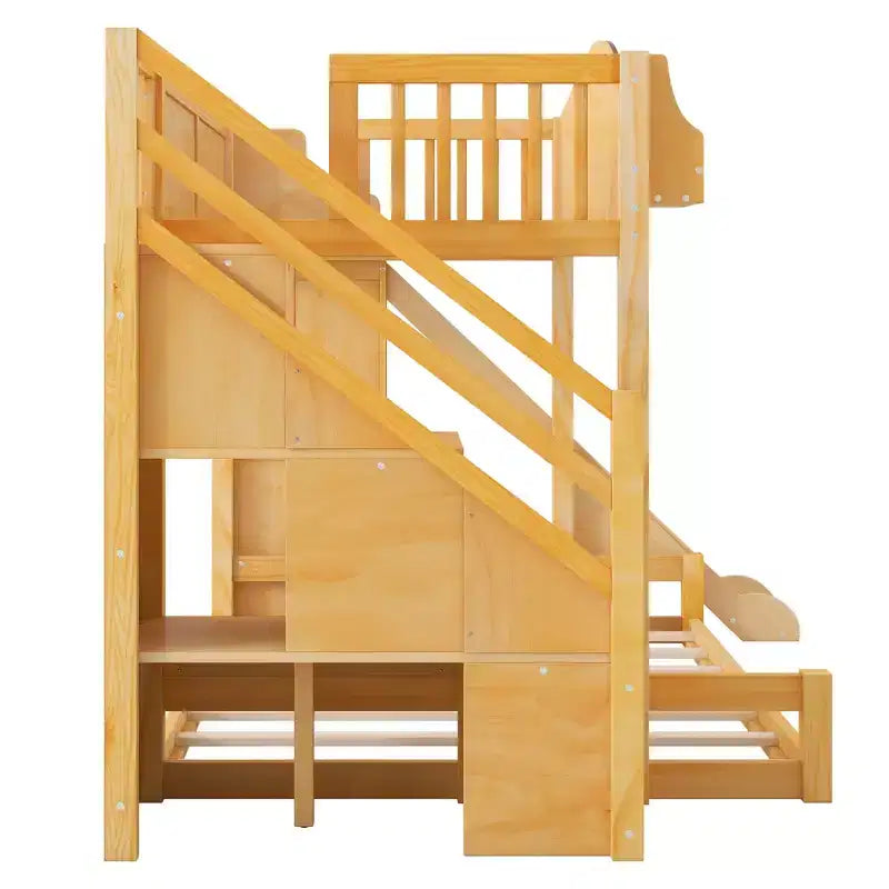 Lit superposé deux places et une place avec toboggan, étagères, escalier de rangement et armoire pour chambre d'enfant