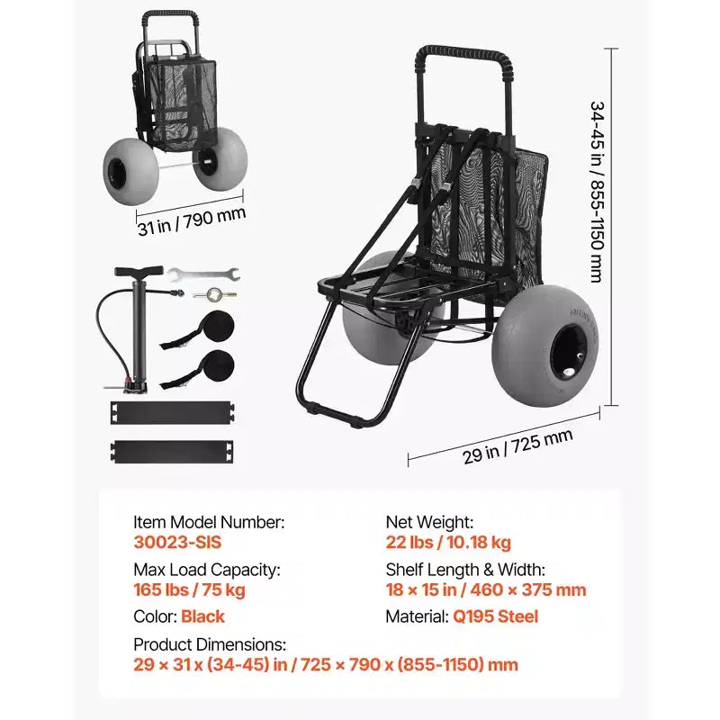 Chariot de plage VEVOR avec grandes roues pour le sable, plateau de chargement de 45,7 x 38,1 cm, chariot de plage pliable avec roues ballon de 30,5 cm, capacité de charge de 75 kg, noir