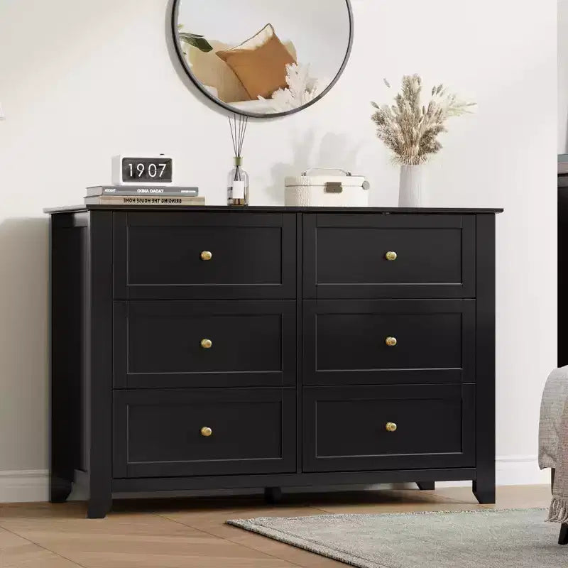 Commode à 6 tiroirs pour chambre à coucher, grande commode avec tiroirs profonds et poignées en métal, commodes modernes en bois pour entrée, couloir