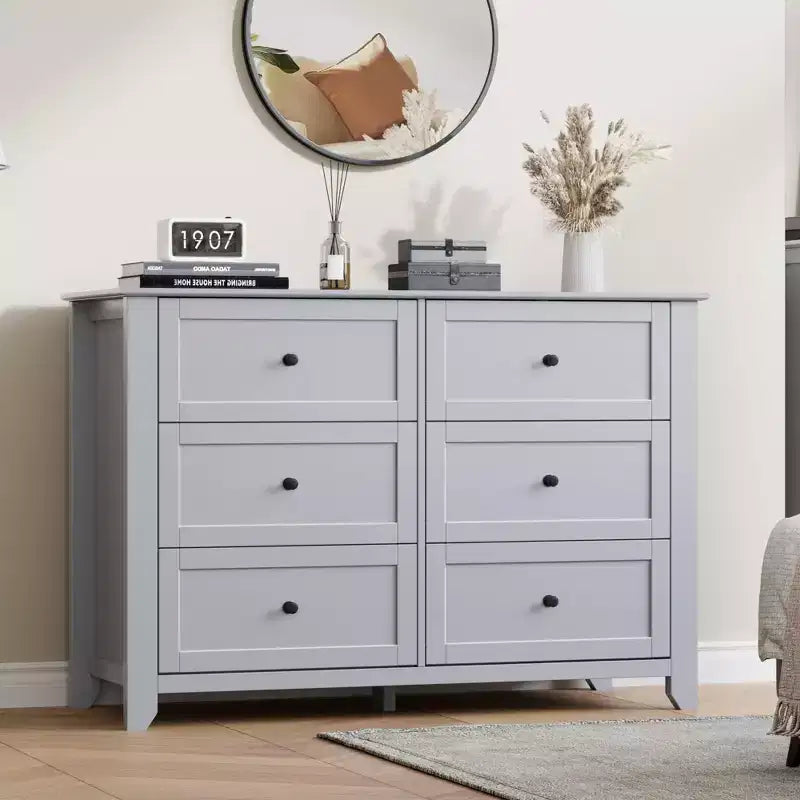 Commode à 6 tiroirs pour chambre à coucher, grande commode avec tiroirs profonds et poignées en métal, commodes modernes en bois pour entrée, couloir