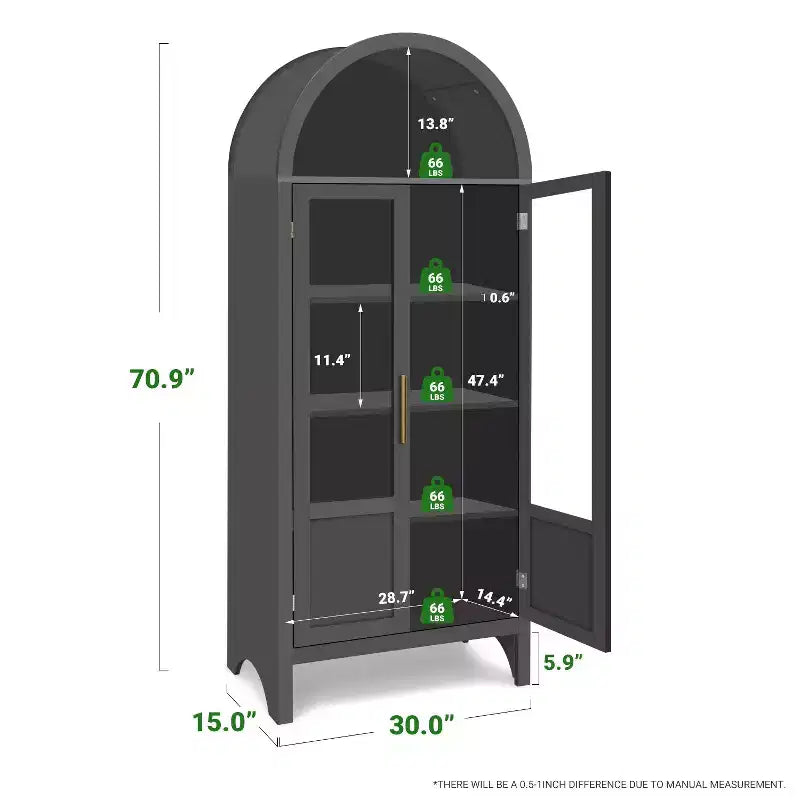 Meuble de rangement haut cintré de 71 po avec 2 portes en acrylique et étagères pour salon