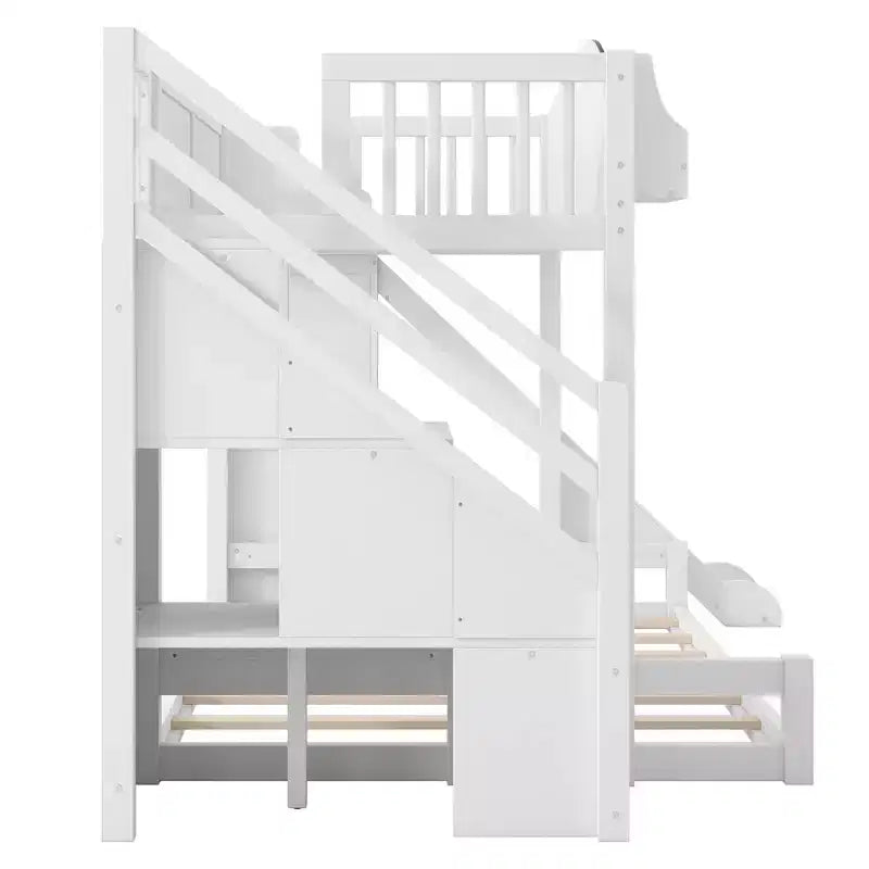 Lit superposé deux places et une place avec toboggan, étagères, escalier de rangement et armoire pour chambre d'enfant