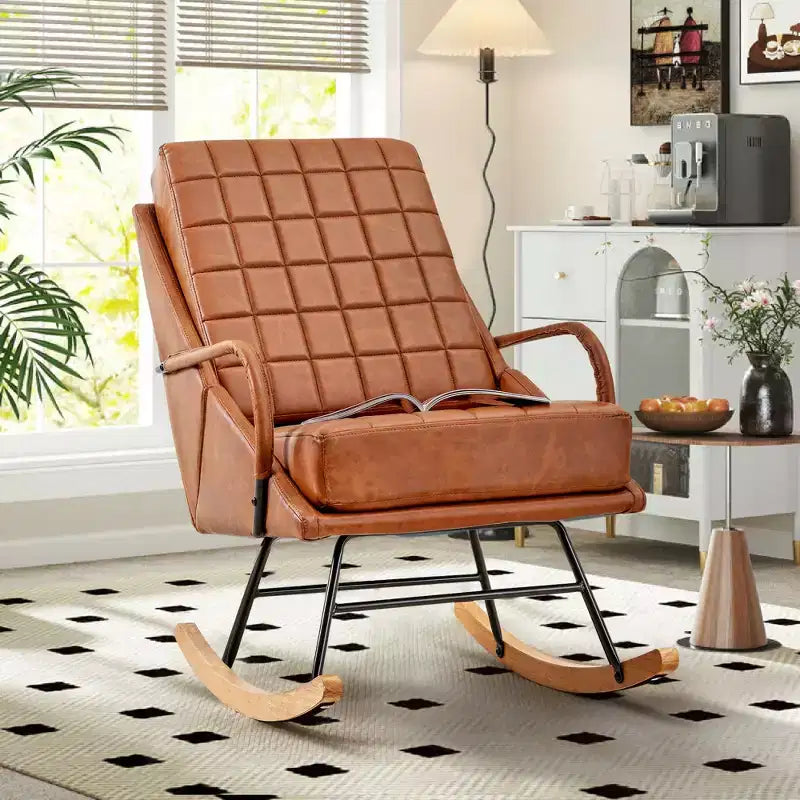 VECELO Fauteuil à bascule en similicuir/tissu Teddy, fauteuil inclinable de salon moderne avec assise rembourrée, base en bois massif sécurisée Blanc/Marron