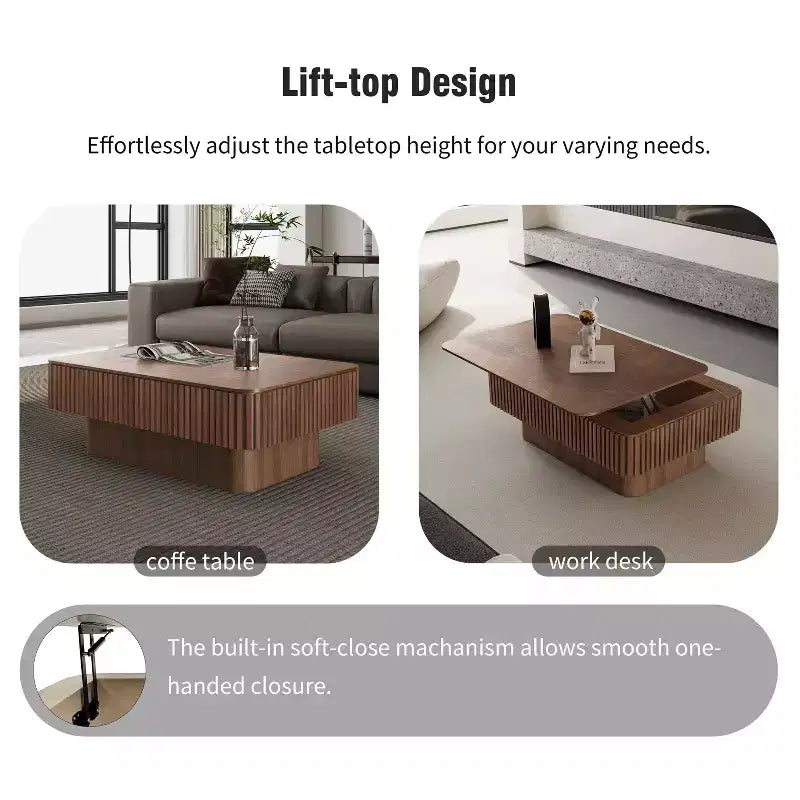 Table basse relevable cannelée JVNOXK 38,6 po avec rangement, table d'appoint moderne à hauteur réglable en placage de bois massif pour salon, chambre à coucher, noyer