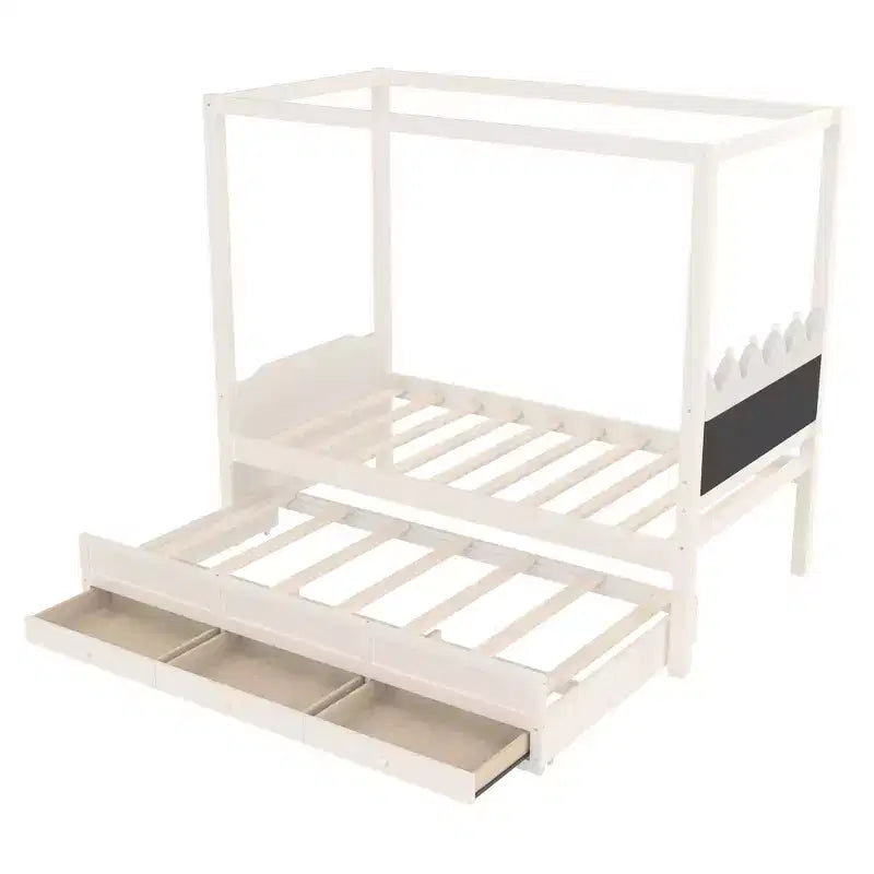 Lit plateforme double/grand format avec lit gigogne, lit à baldaquin en bois de princesse avec 3 tiroirs, lit de rangement avec tête de lit capitonnée pour chambre à coucher