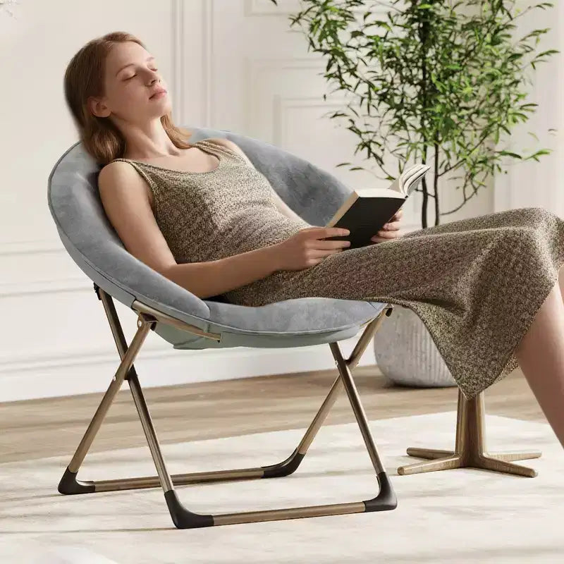 Fauteuil soucoupe, fauteuil moelleux en fausse fourrure, fauteuil lune avec structure métallique pliable, siège d'appoint floral