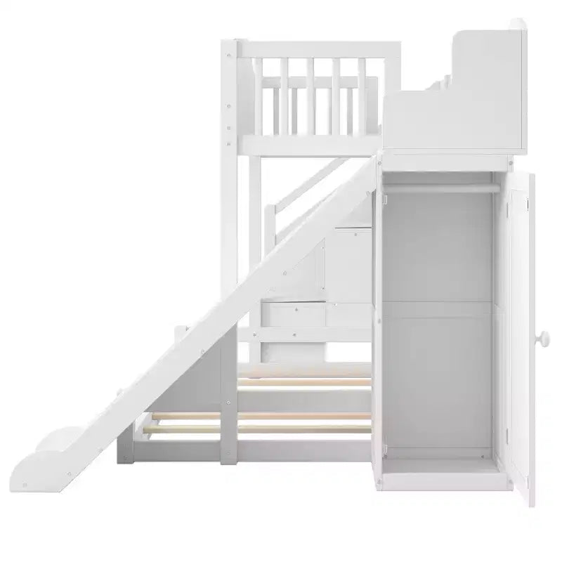 Lit superposé deux places et une place avec toboggan, étagères, escalier de rangement et armoire pour chambre d'enfant