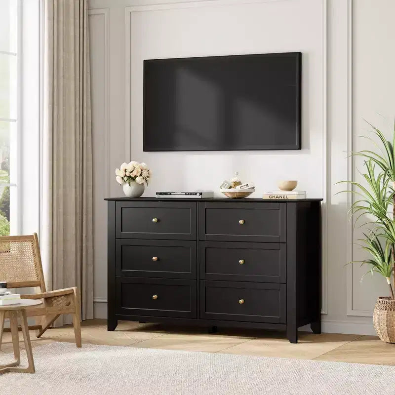 Commode à 6 tiroirs pour chambre à coucher, grande commode avec tiroirs profonds et poignées en métal, commodes modernes en bois pour entrée, couloir