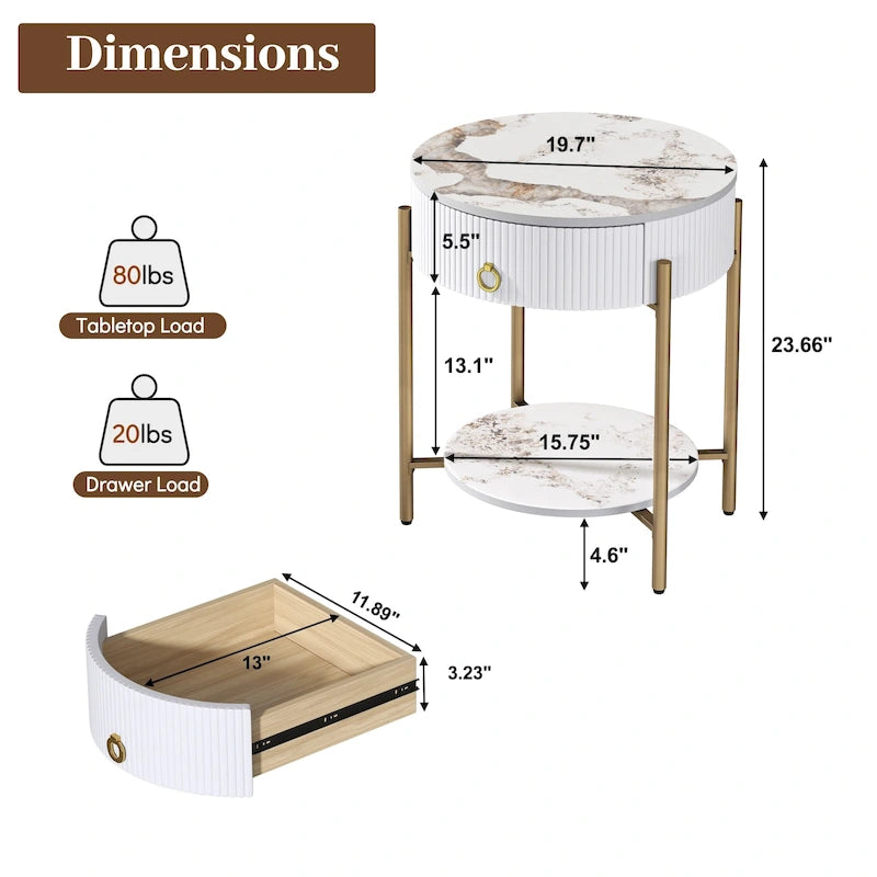 Myhozm Table d'appoint moderne avec tiroir de rangement, table de chevet ronde avec pieds en métal pour salon, chambre, bureau