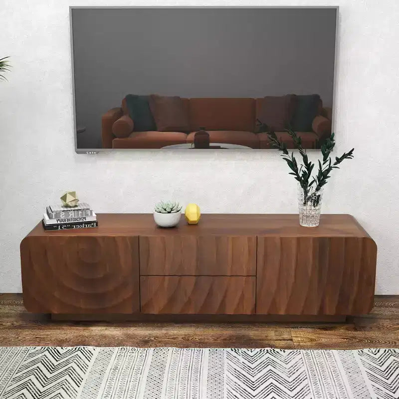 Meuble TV JVNOXK 58 pouces, design spirale et vague de style mid-century, avec armoire de rangement et deux tiroirs, convient pour le salon ou la chambre à coucher, Noyer