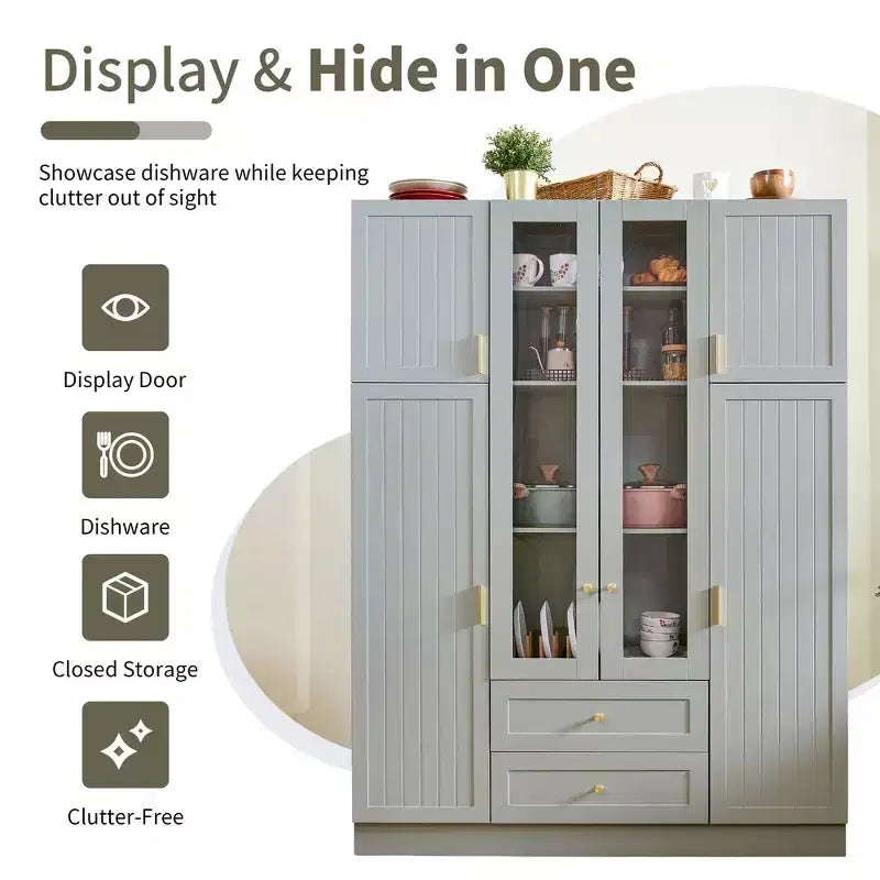 Armoire de rangement de cuisine sur pied Whisen 71H, grand buffet de salle à manger avec 6 portes et étagères réglables