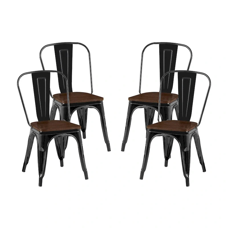 Lot de chaises de salle à manger empilables en métal industriel avec assise en bois
