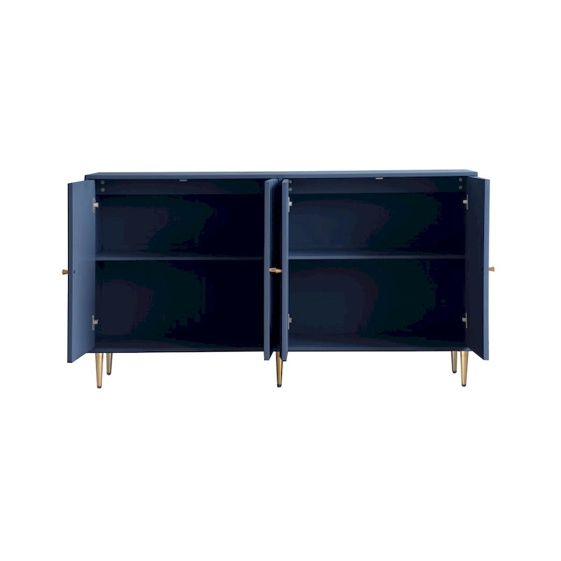 Buffet bahut moderne en bois laqué bleu/gris de 152 cm avec 4 portes, meuble de rangement d'appoint