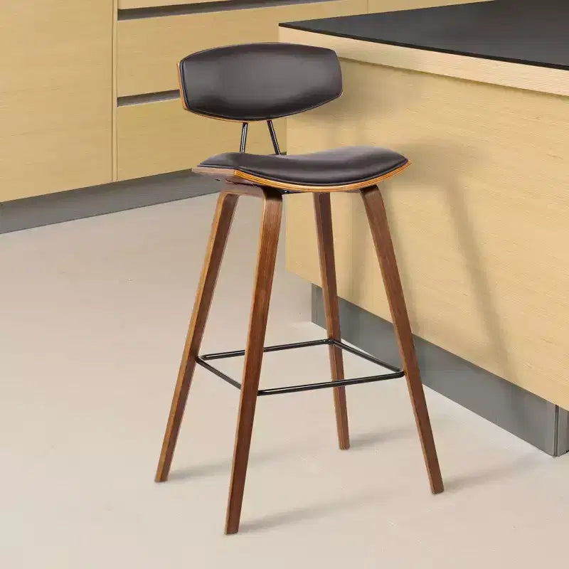 Tabouret de bar dossier bas mi-siècle marron/noyer, similicuir, hauteur fixe, 1 place