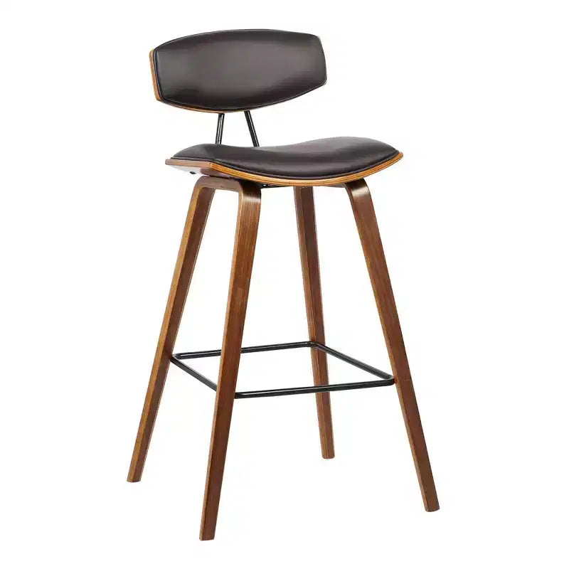 Tabouret de bar dossier bas mi-siècle marron/noyer, similicuir, hauteur fixe, 1 place