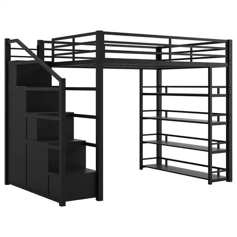 Lit mezzanine Queen Size en métal avec étagères de rangement, armoires et penderie