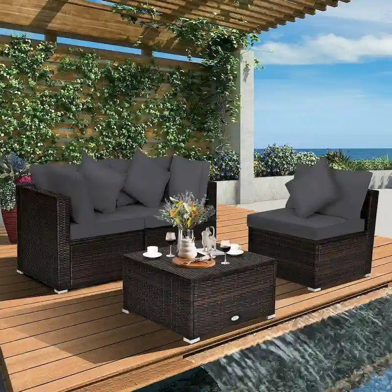 Ensemble de meubles de patio en rotin 4 pièces avec coussins et oreillers amovibles – Canapé d'angle : 73,7 x 73,7 x 63,5 cm
