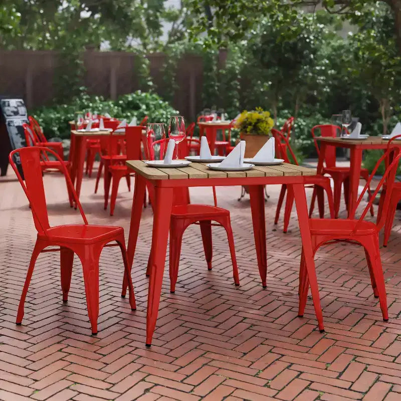 Table à manger carrée d'intérieur/extérieur 80 cm pour 4 personnes – Piètement en acier, Noir / Marron/Rouge / Marron/Argent