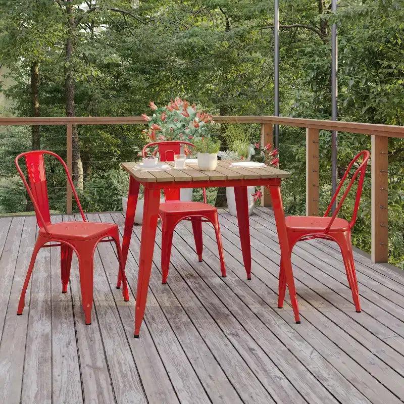 Table à manger carrée d'intérieur/extérieur 80 cm pour 4 personnes – Piètement en acier, Noir / Marron/Rouge / Marron/Argent