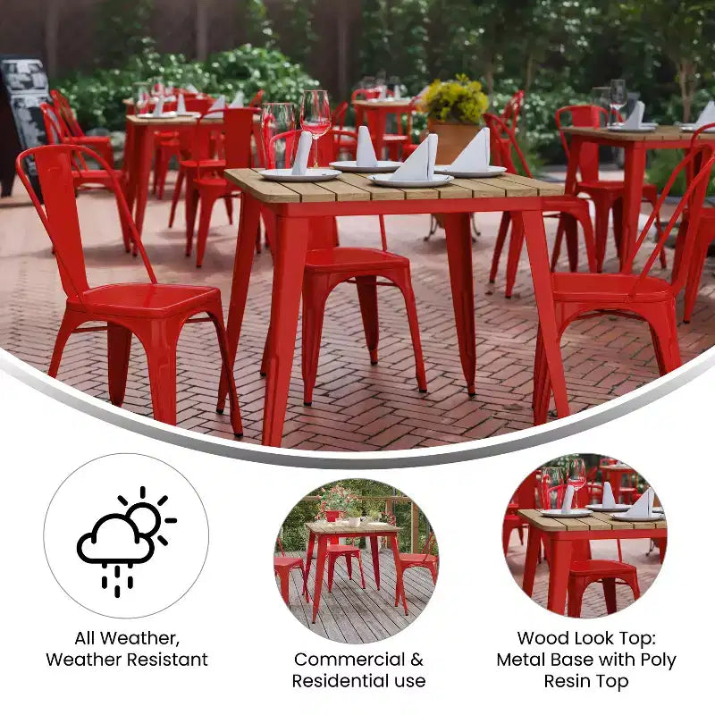 Table à manger carrée d'intérieur/extérieur 80 cm pour 4 personnes – Piètement en acier, Noir / Marron/Rouge / Marron/Argent