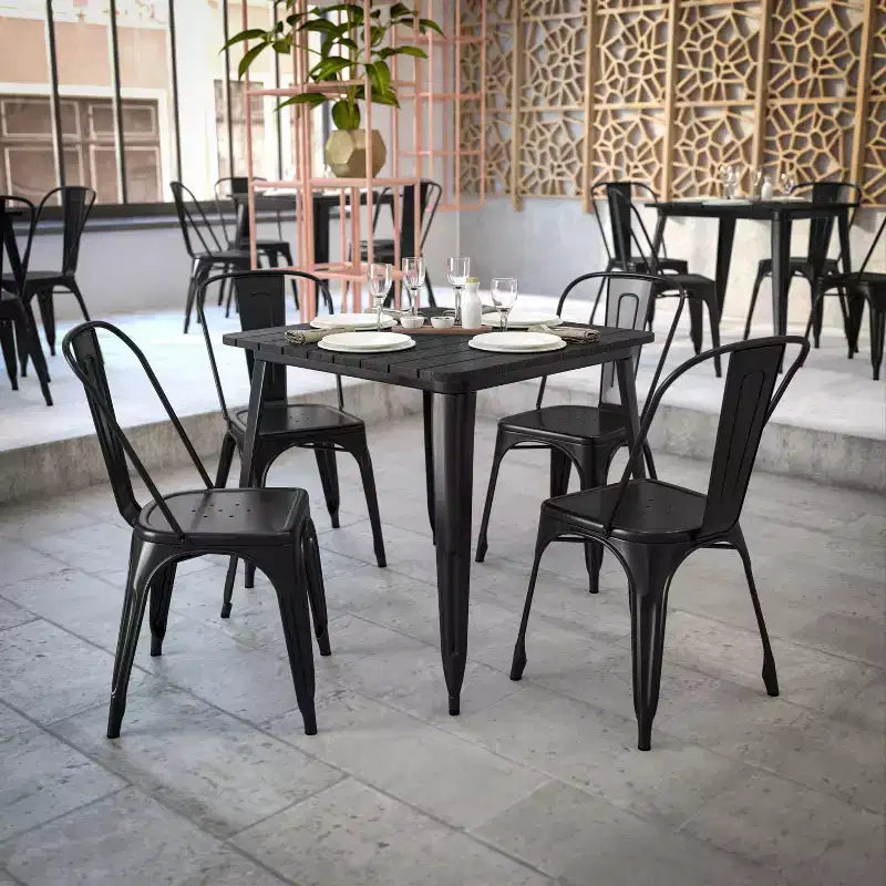Table à manger carrée d'intérieur/extérieur 80 cm pour 4 personnes – Piètement en acier, Noir / Marron/Rouge / Marron/Argent