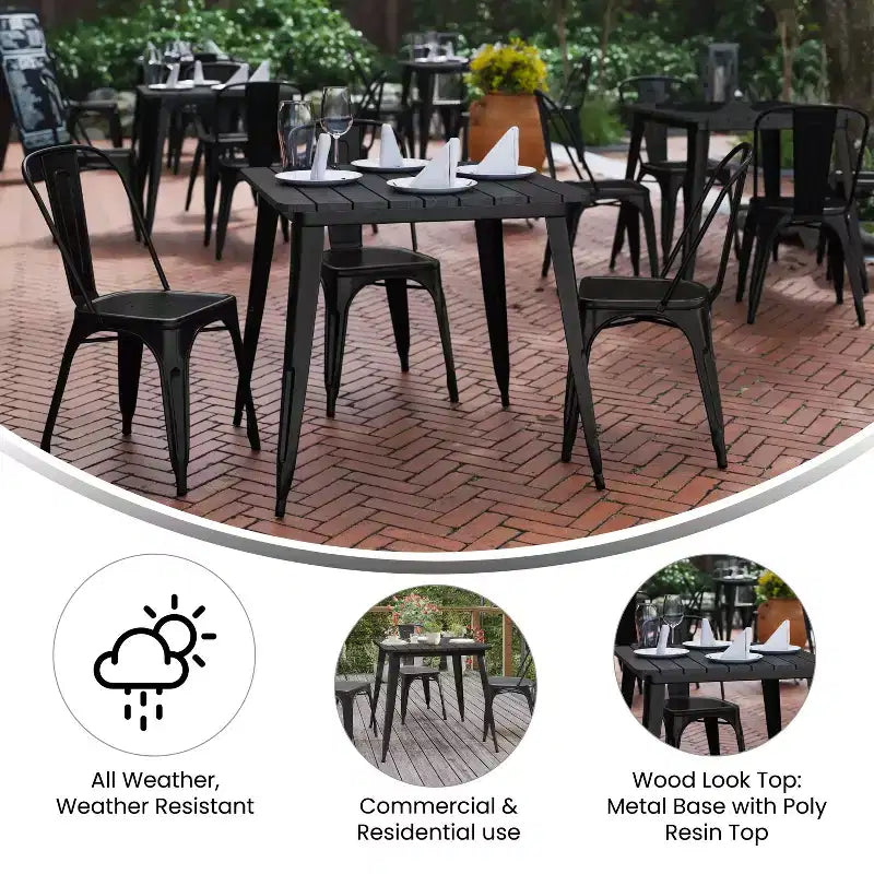 Table à manger carrée d'intérieur/extérieur 80 cm pour 4 personnes – Piètement en acier, Noir / Marron/Rouge / Marron/Argent