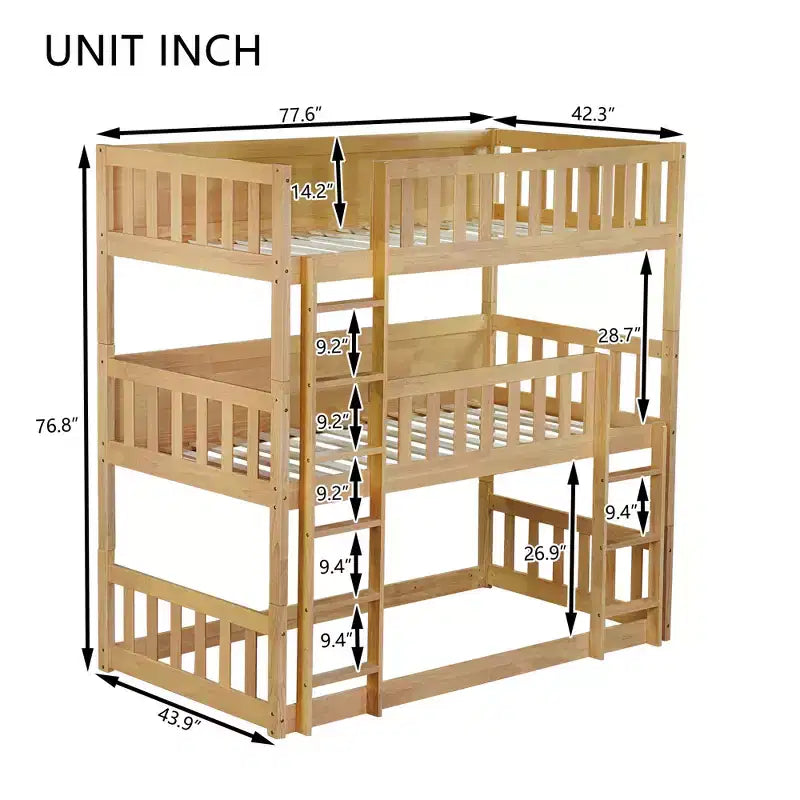 Lit superposé triple pour enfants, lit superposé trois places détachable avec échelle et barrière de sécurité, se sépare en 3 lits