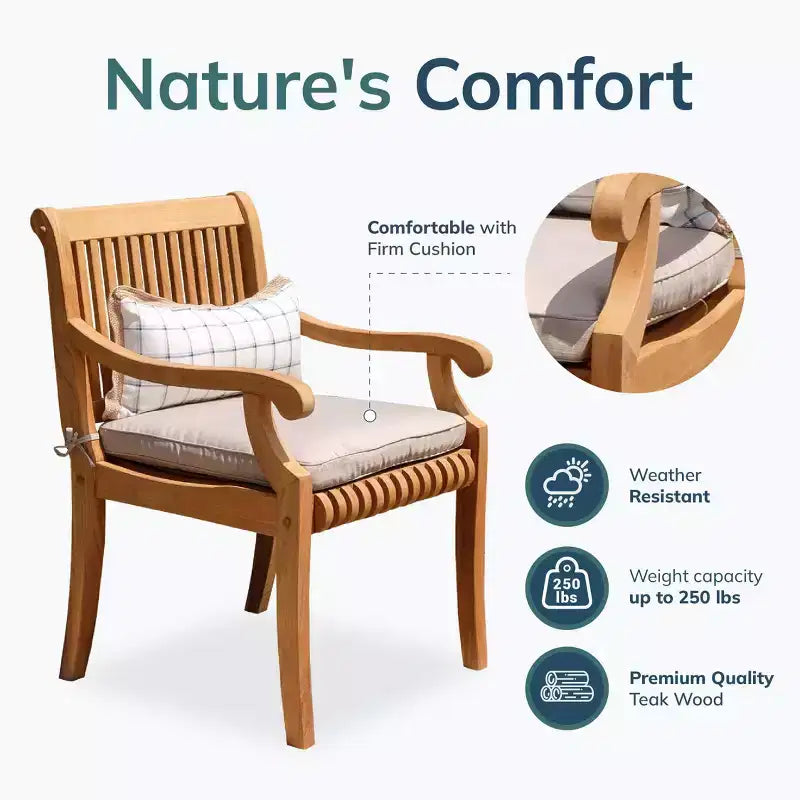 Chaise de salle à manger d'extérieur Sonoma Lane Rockport en bois de teck beige - Résistante aux intempéries avec coussin en mousse