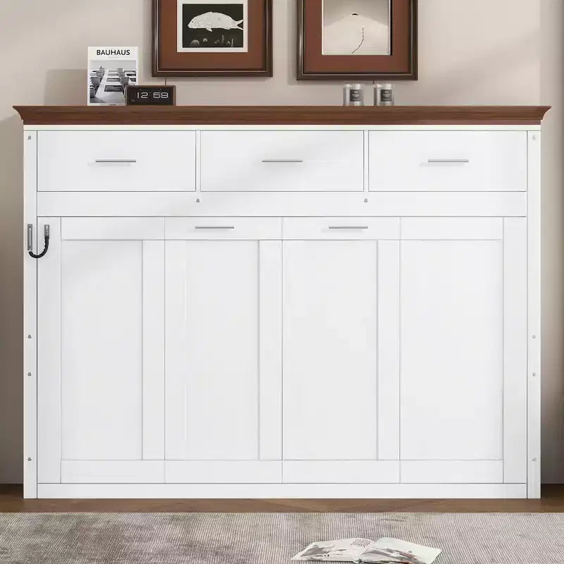 Lit escamotable double avec 3 tiroirs, armoire murale pliable, blanc
